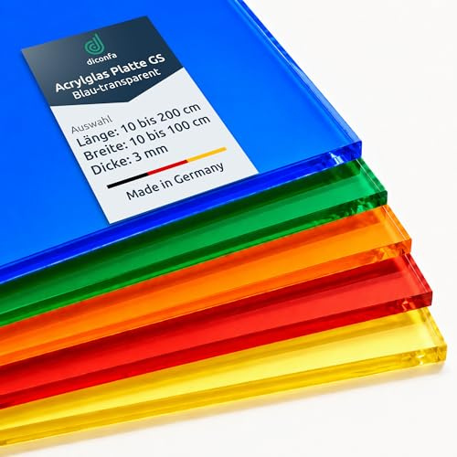 diconfa Acrylglas Platte 3 mm STARK GS blau transparent, 900 x 600mm | FARBE + GRÖßE WÄHLEN - Acryl PMMA gegossen lichtdurchlässig durchsichtig UV-stabil Kunststoff Acrylplatte farbig Acryl