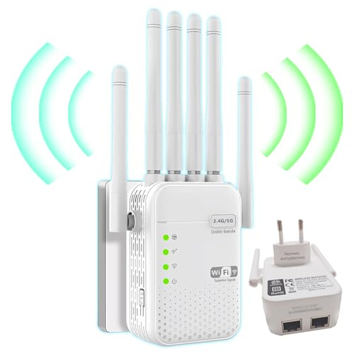 Répéteur WiFi 6 AC1200M Double Bande 5G/2,4 GHz, 6 Antennes, 2 Ports Ethernet, Pénétration Signal 360° Ultra-Puissante, Bureaux et Maisons