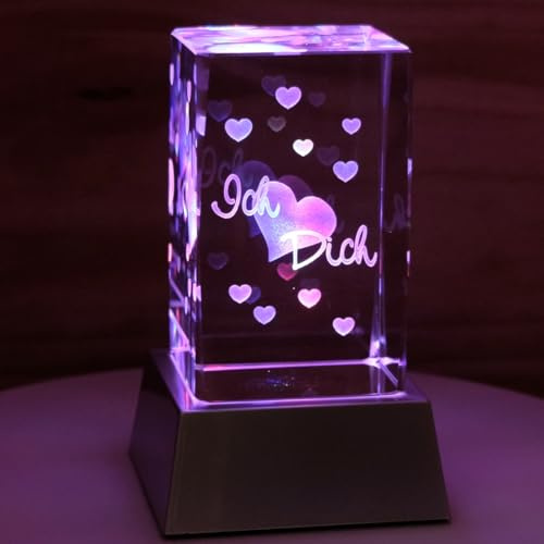 Kaltner Präsente Stimmungslicht „Ich liebe Dich“ – Kristall Glasblock mit 3D Lasergravur & LED Sockel | Romantisches Nachtlicht mit Farbwechsel für Valentinstag & Jahrestag