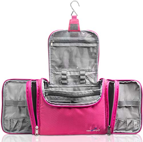 TRAVANDO Kulturbeutel Damen Groß Beauty Case zum Aufhängen Maxi Kulturtasche Frauen Waschbeutel Reise Toilettentasche Toiletttasche Kosmetiktasche Fächer Waschtasche Washbag (Groß, Pink)