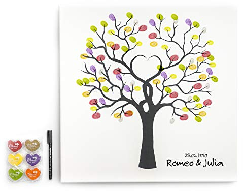 codiarts. Lienzo para huellas dactilares, bricolaje, bodas, aniversarios, fiestas familiares, fiestas, cumpleaños como libro de visitas, incluye almohadilla de tinta y bolígrafo, diseño de árbol de