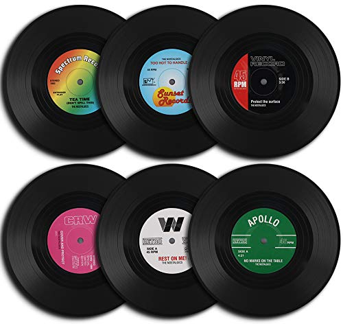 HomEdge - Sottobicchieri, a forma di dischi in vinile, 6 pezzi, stile retrò