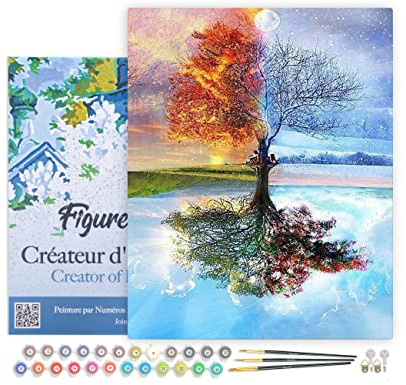 Figured'Art Peinture par Numéro Adulte avec Cadre - 40x50cm Toile tendue sur Châssis - Kit Loisir Créatif Détente - Déco DIY - Arbre 4 saisons