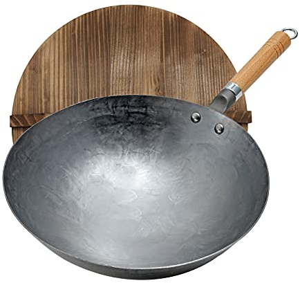 Vinbcorw Padella Wok, Wok Tradizionale Martellato A Mano in Acciaio Al Carbonio Con Manico in Legno E Acciaio Wok Cinese (Fondo Tondo) Wok Spessore 1,8 Mm Con Coperchio,36cm