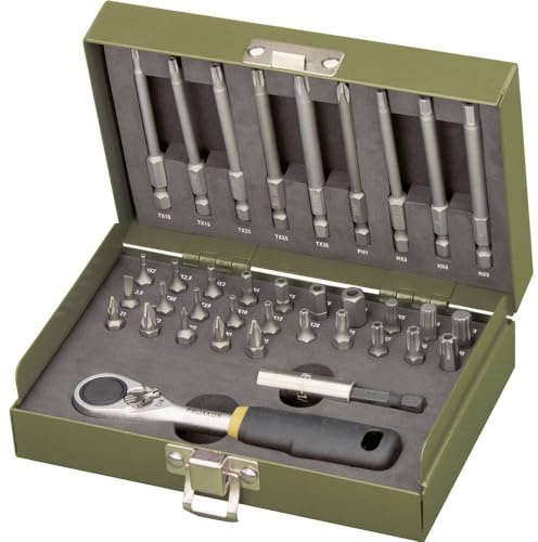 Proxxon Feinmechanikersatz mit 1/4“ Micro-Bit-Ratsche (36-teilig, inkl. 25 Standardbits 25 mm, 9 extralange Bits für Sacklöcher) 23109