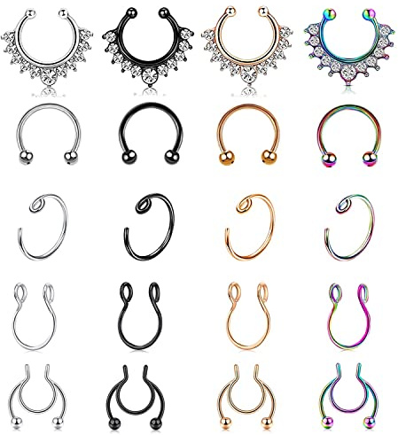 Thokono 20G Fake Nasenpiercing 8mm Edelstahl Fake Septum Piercing Clip On Fake Nasenring Non Pierced Körperschmuck für Damen Herren 20 Stk