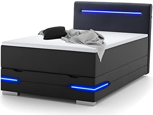 wonello Boxspringbett 90x200 mit Bettkasten, LED Beleuchtung und 2X USB Anschluss - gemütliches Bett mit einzigartiger Optik - Stauraumbett 90 x 200 cm beleuchtet schwarz mit Matratze und Topper