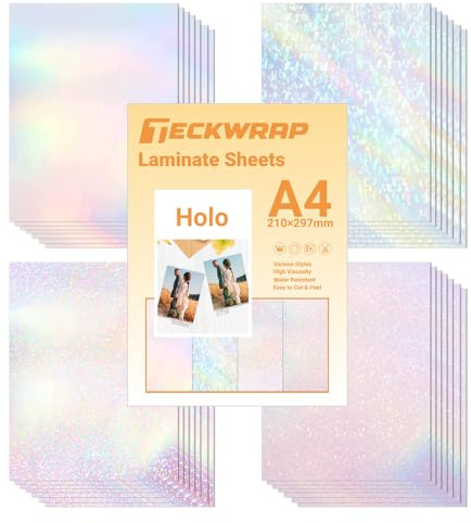 TECKWRAP Holographic Sticker Paper Clear Overlay Lamination Vinyl Patterns Laminate Sticker Film 8.26 x 11.69 A4 210mm x 297mm 28 Sheets/Pack for DIY Crafting, Craft Cutters (Rainbow,Gem,Star, Dot)