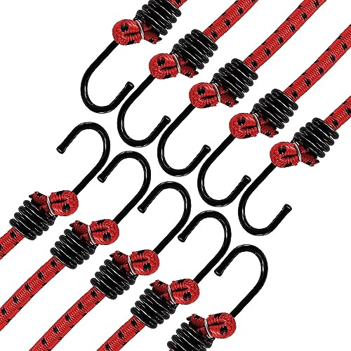ANSIO Bungee Cords with Hooks 16” (40cm) Pack of 10 UV-Resistant Elastic Straps Ideal for Securing Luggage, Racks, Camps, Motorcycle, Tarps, Garden Furniture, Hand Truck, DIY Storage - Red