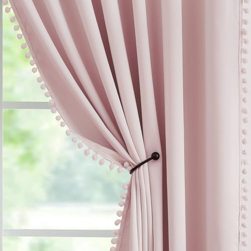 Abstractex Pom Pom Pink Blackout Curtain for Kids Room,54,Panels | Weave Full Blackout Window Drapes for Living Room Energy Saving Treatment Curtain Sets for Hotel Guest Room