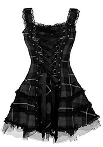 ECDAHICC kvinnor rutig spets up gotisk rem skater klänning vintage fyrkantig hals ärmlös miniklänning spaghetti remmar steampunk halloween A-linje mesh kort allegra klänning, svart, 3XL