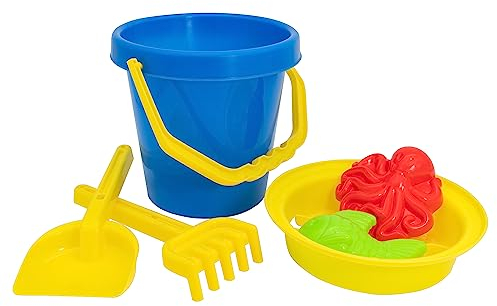 Idena 40241 - Sandspielzeug Set 6 teilig mit Eimer, Sieb, 2 Förmchen, Harke und kleiner Schaufel, verschiedene Farbvarianten