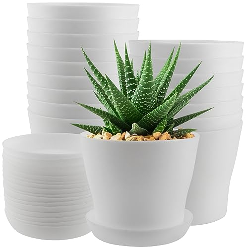 CHEUKYIU 16 Stück 10cm Blumentopf, Pflanztöpfe Kunststoff, Kleine Blumentöpfe, Anzuchttöpfe Pflanzentöpfe, Rund Pflanzen Töpfe, Übertopf Töpfe mit Mehrere Ablauflöchern für Pflanzen, Balkon, Weiß