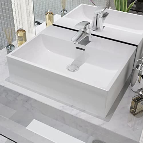 HIGSOSE Lavandino con Foro Rubinetto in Ceramica 51,5x38,5x15 cm Lavello Bagno Lavabo da Appoggio Lavabo Sospeso Mobile Sospeso Bagno Lavatoio Ceramica Arredo Bagno Bianca Lavello da Esterno