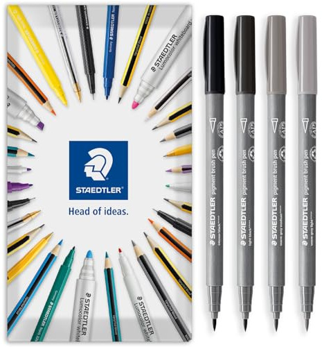 STAEDTLER Pigment Arts 371 Pigment-Pinselstifte, Fasermalstift für Erwachsene, mittelfeste Nylon-Pinselspitze (warmes Grau, 4 Stück)