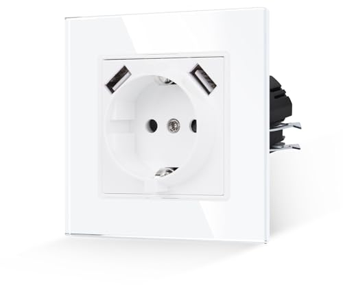 JIMEIDA Enchufe Individual con USB en Blanco,Enchufes de Vidrio de 16Amp con Carga Rápida USB A Enchufe de Pared Empotrado-86mm,250V