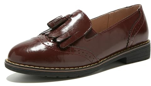 TRULAND Mocassins Femme à Enfiler en Cuir avec Pompon - Chaussures de Ville Confortables pour Bureau et Travail (CN 40/EU 39,Bordeaux)
