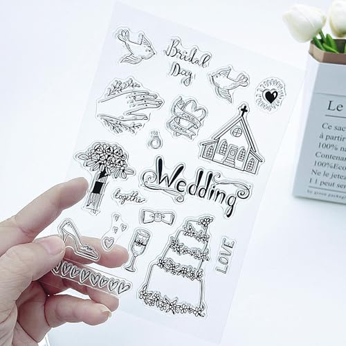 Wedding Cake Ring Pattern Clear Stamps Love Dove Flower Transparent Seal Clear Stamps for Holiday Card Making Decoration and DIY Scrapbooking Album DIY Crafts