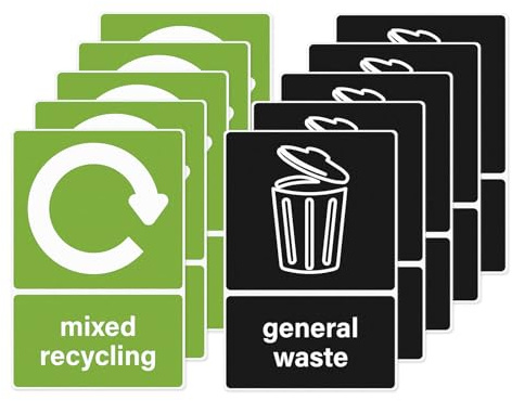YIKIADA Recycling Bins Stickers Self Adhesive Vinyl 150 × 100 mm Waterproof General Waste Decals Removable Mixed Recycling Signs for Outdoor Kitchen Pack of 10