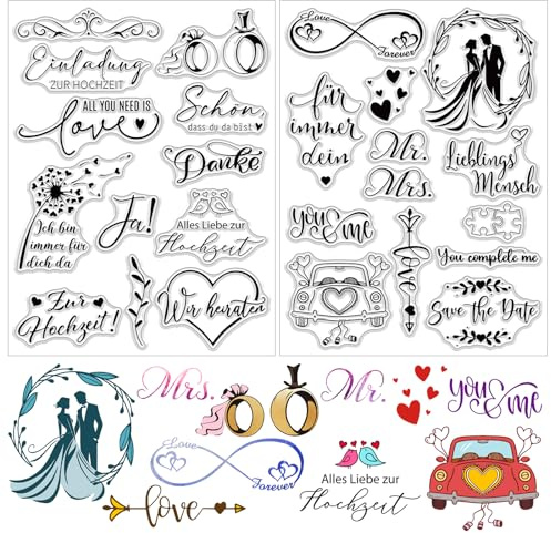 BETESSIN 2Blatt Silikon Stempel Hochzeit Klare Stempel Sprüche Deutsch Clear Stamps Liebesgrüße Stempelmotive zum Kartenbasteln DIY Einladung Scrapbooking Fotoalbum Geschenkanhänger