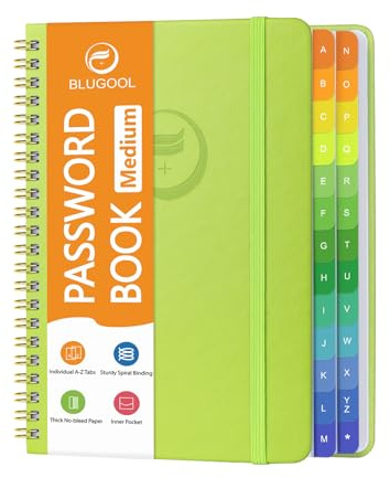 Passwortbuch mit bunten alphabetischen Tabs, Passwort-Aufbewahrungsbuch für Senioren, Passwort-Notizbuch mit Spiralbindung für Website-Anmeldungen, 14,5cm x 19,6 cm, Grasgrün