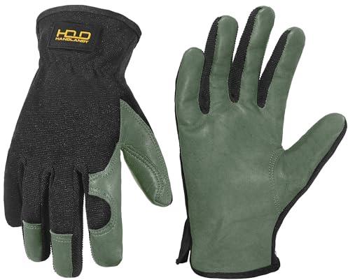 HANDLANDY Leder Gartenhandschuhe Arbeitshandschuhe für Damen und Herren kratzfeste atmungsaktive Handschuhe für Garten Hof Mechaniker Bauarbeiten (Olivgrün, XL)