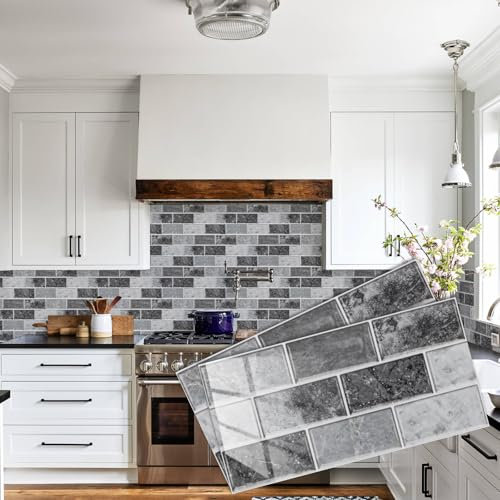 Abyssaly 12 Piezas Azulejos Adhesivos Cocina Baño, Baldosas Adhesivas pareds Gris, Vinilo Pegatinas de Baldosa Impermeables Decoración 15cm x 30cm