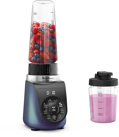 Moulinex Blend Up, Batidora personal potente 1000 W, 8 programas automáticos, pica hielo, ideal para batidos, smoothies y bebidas saludables, diseño compacto, jarra resistente, negro LM19H4F0