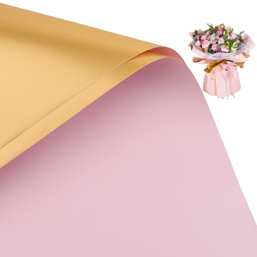 20 Blatt Zweifarbiges Doppelseitiges Blumen Geschenkpapier Wwasserdichtes Blumenpapier Floristenstrauß-Zubehör Papier für Blumenladen Blumenverpackungen 55 x 56cm (Rosa & Golden)