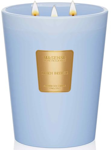M&SENSE Duftkerze im Glas groß Leinen Brise 3-Docht Kerze 990g 150 std. Brenndauer natürliche Aromatherapie Kerze stark duftende lang anhaltende Entspannung Heim Deko Geschenk für sie