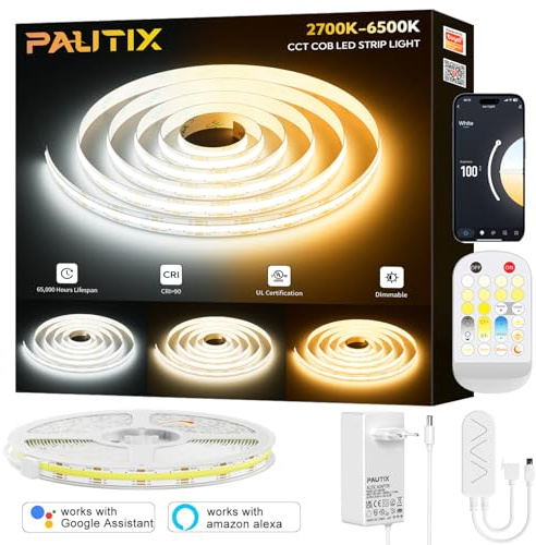 PAUTIX COB LED Streifen CCT LED Strip 10M,Abstimmbarer Weiß 2700K-6500K Smart LED Band Kit,Flexibles Dimmbar 24V LED Leiste Kompatibel mit Alexa/Google Assistent für DIY Zuhause Beleuchtung Decor