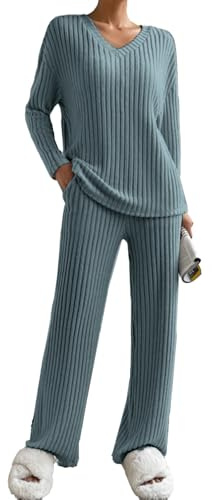 JENJON Dam Overall 2-delat set långärmad tröja bekväma raka byxor med V-ringning jumpsuit höst vinter, Blå-1, S