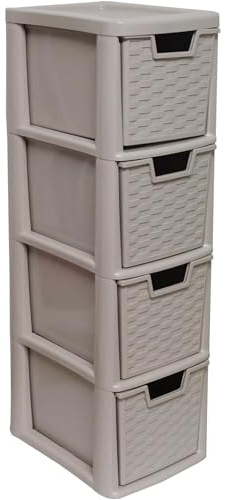 ALEEZ - 4 Drawer Plastic Storage Unit - Space Saving Multipurpose Medium Drawers - Rattan Design Home Office Storage Durable Draws - Tabletop, Desktop Drawers - 62cm (H) x 19cm (W) x 25cm (D)
