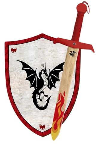 Épée et Bouclier Chevalier ou Dragon en Bois Faits à la Main - Jouet Garçons, Filles, Enfant - Complément Jeux d'Imitation, Déguisement, Médiéval, Guerrier, Soirée à Thème, Moyen-Âge (Dragon volant)