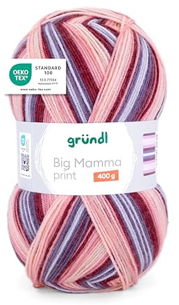 Gründl Wolle Big Mamma Print XXL 1 x 400 g, Lachs-kirsche-mauve-hellblau | XXL Wolle zum Stricken mit Farbverlauf - Weich und hautfreundlich - 100 % Polyacryl - 400 g / 1040 m - Nadelstärke 3,5- 4,5
