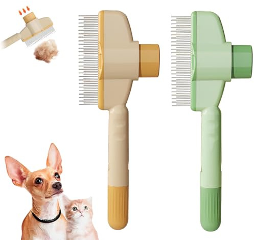 IKOPFLN 2 Pezzi Spazzola autopulente per la cura dei capelli lunghi e corti, cura degli artigli per cani e gatti, pulizia con un pulsante, massaggi（Giallo e verde）