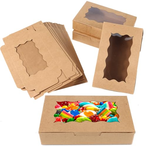 JSMTKJ 20 Stück Kraftpapierboxen mit klarem Fenster, Kraftpapier Gebäckkarton, Tortenschachtel Weihnachtsparty Geschenkbox für Kekse, Muffin, Torten, Pralinen Verpackung & Cupcake Box
