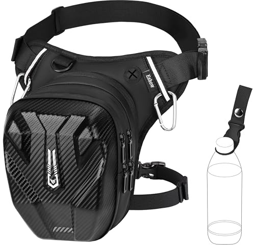 Eshow Sacoche de Jambe Moto Étanche, Sac de Jambe Capacité Extensible, Sac Banane Homme Femme avec Bande Réfléchissante, 1 Clip à Gourde, 2 Mousquetons pour Randonnée Pêche Noir