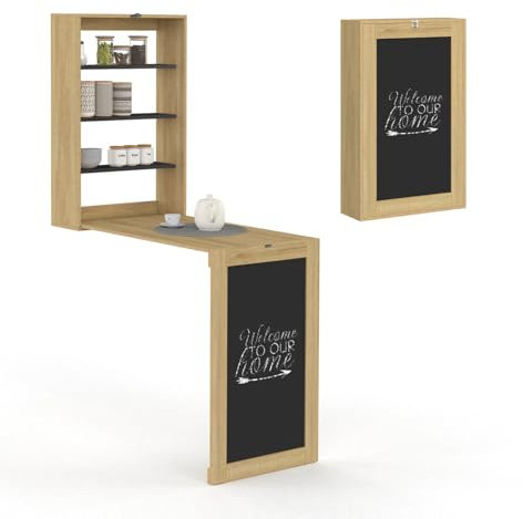 IDMarket - Wandklapptisch MACCHIA mit Regalen und Kreidetafel für 2 Personen, Holz und Schwarz