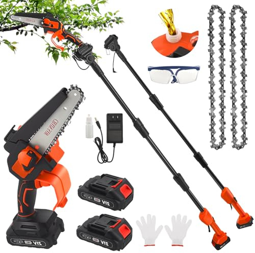 6 Pouces Elagueuse sur Perche sur Sans Fil 2 Batterie(21V/1.5Ah), 6 m/s mini tronçonneuse à batterie sur Protection Anti-éclaboussures de Sécurité, Graisseur Automatique Léger et Maniable