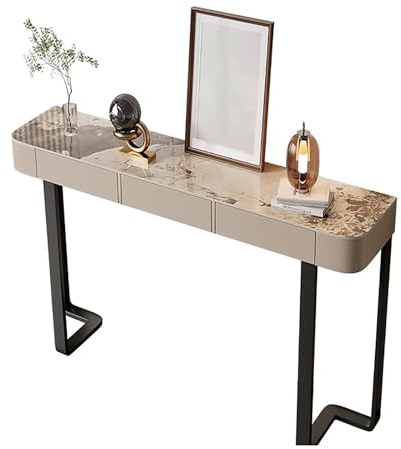 lyxamjrzyp Console Meuble Entrée Moderne avec Plateau en Pierre, Table Longue pour Couloir ou Salon, Structure Métallique Dorée, Table d’Appoint Étroit Design Chic(Beige Black,31.4in/80cm)