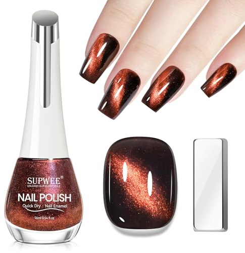 SUPWEE Magnetiskt nagellack snabbtorkande, 16 ml snabbtorkande kattöga nagelpolish röd med magnet skimrande magnetiskt nagellack utan UV oljebaserad glitternagellack manikyr gör-det-själv salong