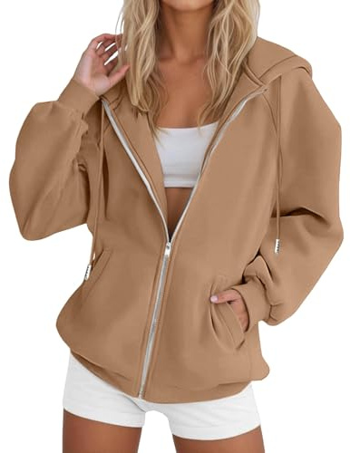 Uwdiohq Sudadera Con Capucha Y Cremallera Mujer Sudaderas Manga Larga Chaqueta Casual Oversize Sweatshirt Otoño Invierno Chaquetas De Entretiempo Holgada Cómoda (Khaki #2, S)