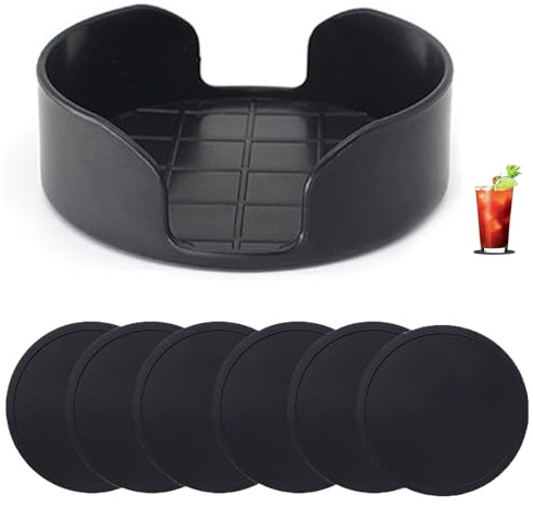 6 Pcs Silicone Coasters, 10cm Drinking Coasters for Drinks, Round Mugs Coaster with Holder, Drink Coaster Pads Mats Non Slip for Coffee Beer Mug Wine Glass Home &Bar Mat (Black)