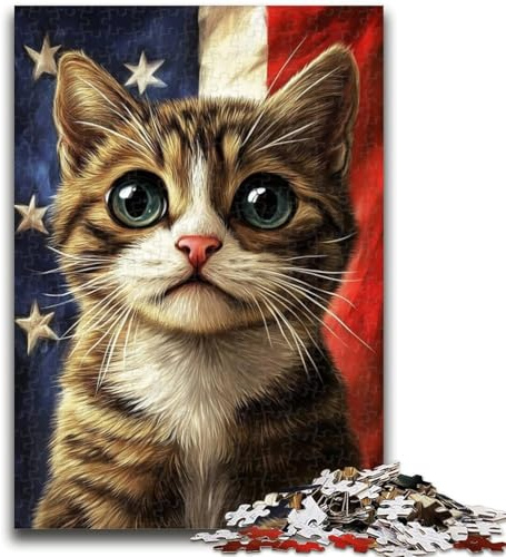 Jigsaw Puzzles for Teenagers 1000 American Flag Cat 1000 Pieces for Teenagers,Quiz Game Wall Decoration Unique Birthday And Xmas Gifts (38x26cm)