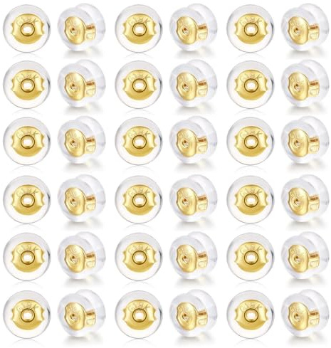 JOOTUEPO 36 Piezas 18K Oro Cierre Seguro Silicona Atrás Pendientes Reemplazos Tuercas para Pendientes Hipoalergénicas Sin Níquel para Péndulos/Orejas Caídas