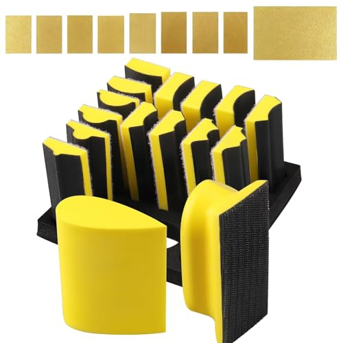 16 Pieces Hand Sanding Block Set, Contoured Profile with Hook and Loop, Hand Sanding Pad with Plate Convex and Concave Shape for for Woodworking, Furniture Restoration, Crafts, Automotive