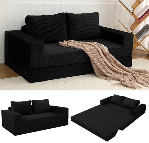 MeMoreCool Futon Sofa Cord, Ausziehbares Schlafsofa mit Kissen, Schwarz | Modulares Sofa ohne Gestell mit Schlaffunktion, Ideal zum Entspannen, Schlafen und für Gäste in Kleinen Räumen