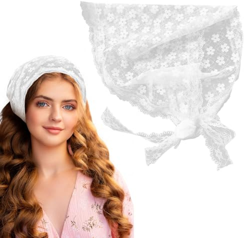Simsky Spitzen-Blumen-Bandana Kopftuch für Damen – Elegantes Dreieckstuch aus Seide zum Binden, Weißes Blumenmuster Haar Bandana als Haartuch, Sommer-Sonnenschutz Kopfbedekung für Mädchen