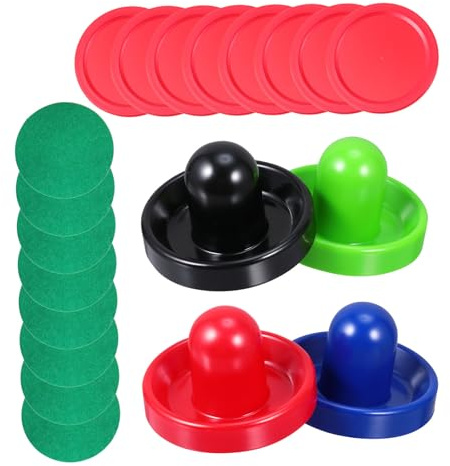 Veemoon Ensemble de 4 Pousseurs de Hockey sur Air 96mm Bleu Marine/Noir/Rouge/Vert 8 Patins en Feutre 8 Palets Rouges 64mm en Plastique pour Table de Hockey sur Air, Accessoires